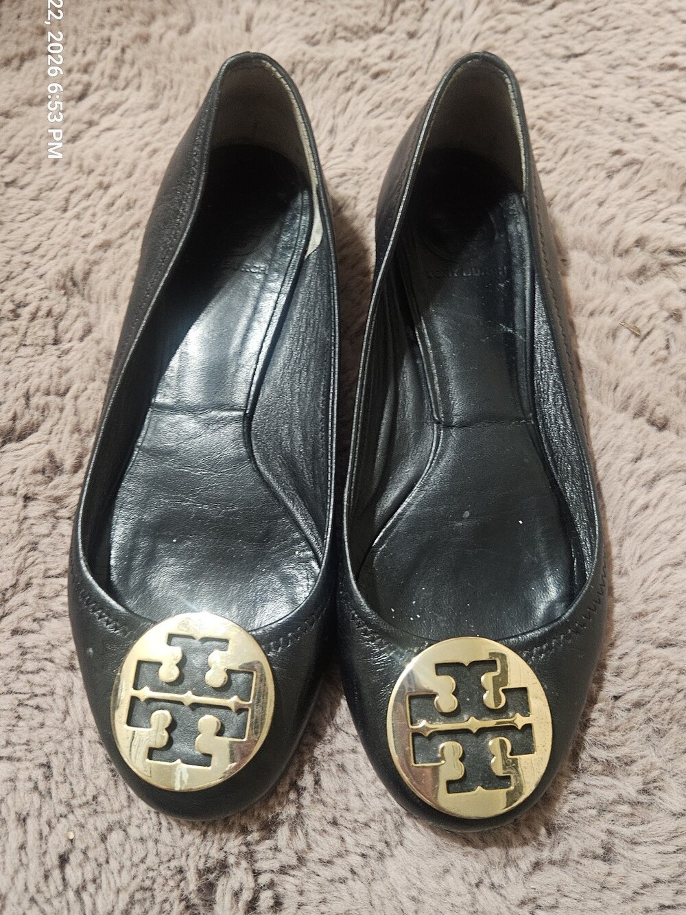 Tory Burch Black Leather Ballet Flats with Gold Logo Medallion